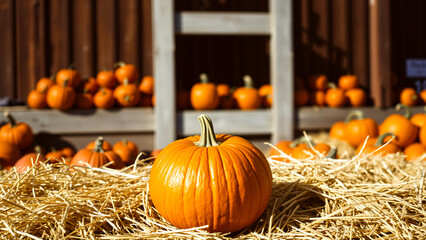 Wall Mural - A Single Pumpkin Sits on a Bed of Straw, Surrounded by Other Pumpkins