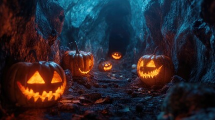 Wall Mural - spooky halloween scene with flaming pumpkins in dark cave