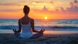 © Amanda - A woman practices meditation on the beach during a vibrant sunset, embracing tranquility and mindfulness in nature's beauty
