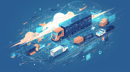 A digital image showcasing a dynamic truck and shipping containers in an abstract landscape, representing global trade and logistics interconnected by technology.