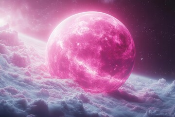 surreal pink planet floating in cosmic void ethereal glow craters and swirling clouds dreamlike atmosphere isolated on stark white background