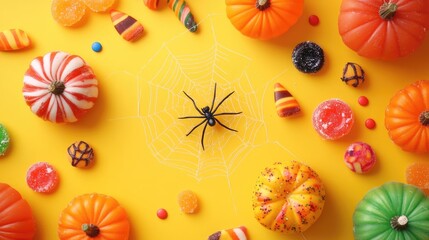 Wall Mural - Halloween themed stock image with festive candies pumpkins and spider web on yellow background