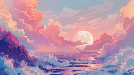 Wall Mural - a beautiful painting of a pink and blue sky with a large moon and a body of water. the mood of the p