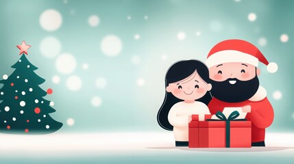 A cheerful illustration of Santa Claus and a young girl beside a decorated Christmas tree, celebrating the festive season with a gift. Blank space for text and design