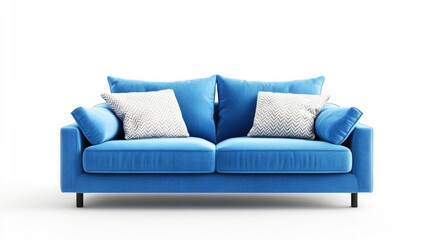 A cozy blue sofa with two contrasting pillows on each end, displayed on a white background, showcasing its modern and comfortable appeal.