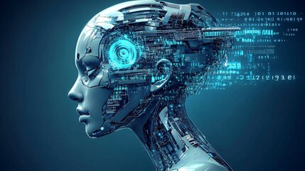 Glimpse of Tomorrow: Female humanoid head with binary code background symbolizing cutting-edge technology and artificial intelligence