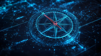 Goal compass success digital technology. Business strategy achievement. Compass wireframe in low poly. Aiming for the target on a blue dark background. Modern illustration digital fantasy.