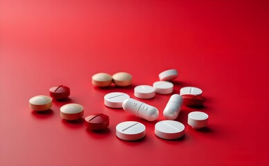 Different drugs and health supplement pills poured from a medicine bottle health care and medical top view on colored background
