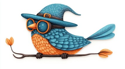 A whimsical bird wearing a wizard hat and glasses, perched on a branch, showcasing vibrant colors and playful detail.