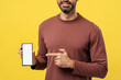 © Maria Vitkovska - Middle aged man holding mobile phone with blank screen pointing finger on yellow background