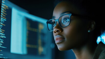 A Black African American female IT specialist analyzing cybersecurity data on a computer screen soft ambient lighting  ideal for AI and information security themes.