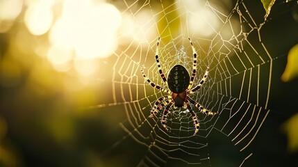 A spider in a web with a blurred silhouette against a naturally green backdrop. a focused selection. superior quality image.