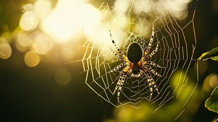 A spider in a web with a blurred silhouette against a naturally green backdrop. a focused selection. superior quality image.