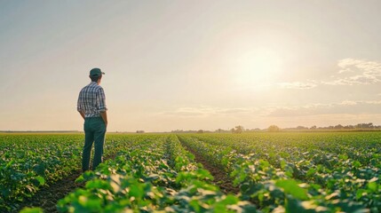 Farmer inspecting crops, open field, bright day, spacious composition