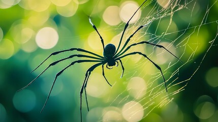 A spider in a web with a blurred silhouette against a naturally green backdrop. a focused selection. superior quality image.