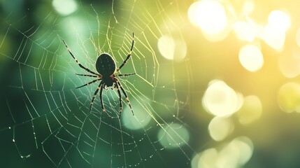 A spider in a web with a blurred silhouette against a naturally green backdrop. a focused selection. superior quality image.