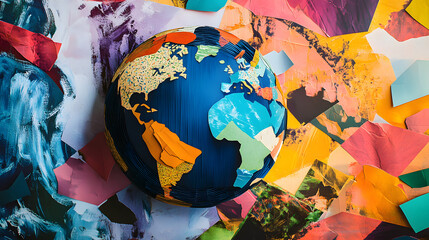 World, globe and collage art made of paper school project, humanity and eco friendly banner. Colourful, vibrant pop and creative graphic design poster for background, wallpaper and backdrop mockup