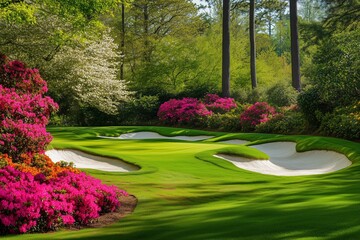a lush green golf course with a pink and white flower garden