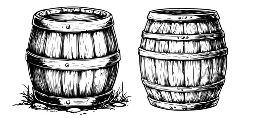 wooden wine barrel illustration in vintage style, black vector