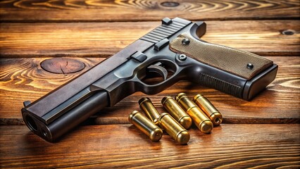 Semi automatic handgun on wooden table with ammo in forced perspective