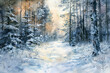 © Babb - A painting of a snowy forest with a path through it