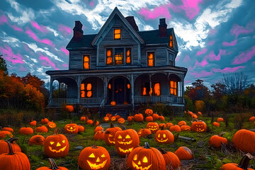 Sticker - A haunted house and pumpkins make for an eerie Halloween scene.