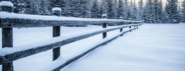 Snow-kissed wooden fence stands tall among sunlit frosted trees in a serene winter landscape capturing nature's tranquility