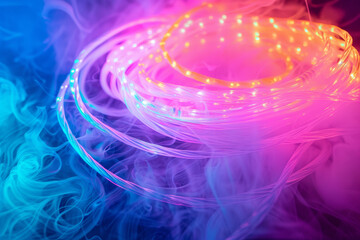 A colorful wire with lights on it is surrounded by smoke