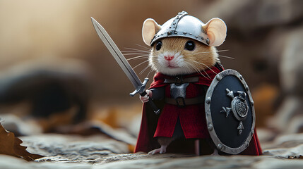 A small mouse dressed as a knight holding sword and shield, AI