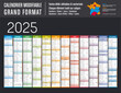 © mozZz - Calendrier Français 2025 modifiable, grand format horizontal  France, éléments isolés sur calques, textes en Arial, éditables et vectorisés