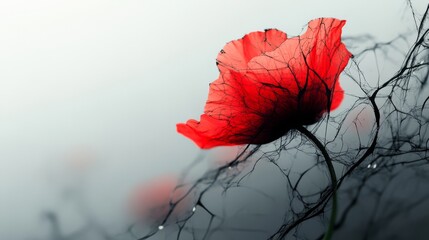 Poster - Conceptual design of a red poppy transforming into a war memorial, representing the blend of memory and honor.