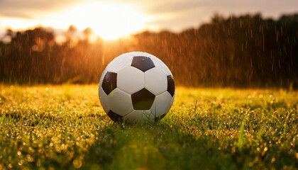 Soccer ball on green grass field with drops of water after rain