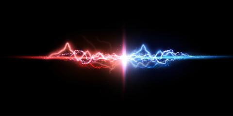 Leinwandbilder - The effect of light energy confrontation and collision with lightning and flashes. Abstract light effect. Vector
