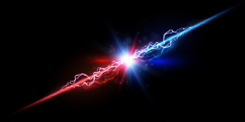 Leinwandbilder - The effect of light energy confrontation and collision with lightning and flashes. Abstract light effect. Vector