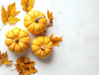 Autumn composition with yellow pumpkins and dry leaves on a light background