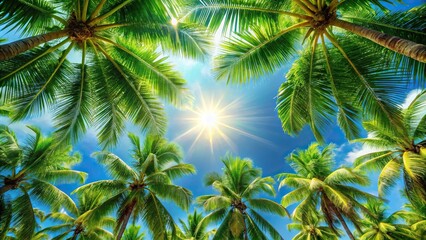 Symmetrical tropical background with green palm trees under bright blue sky in summer sun