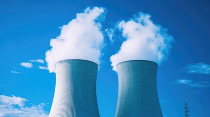 Close-up of smoke rising from industrial chimneys at a power plant, with a blue sky background, symbolizing energy and industry. No people.