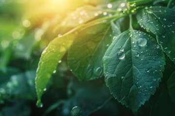 Morning dew on leaves with sun glare in green tones.