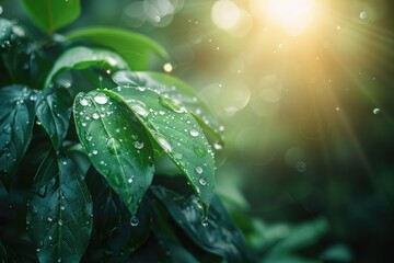 Morning dew on leaves in nature  green tones background.