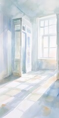 Wall Mural - a painting of a room with a window and a door. the room is empty and the light is shining through th