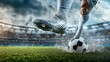 © Asraf - Close-up of a soccer player's boot kicking a ball in action, grassy field in the background, motion blur