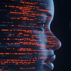 Wall Mural - digital overlay on womans face showing how data interacts with facial recognition technology