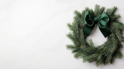 Festive green bow, tied onto a holiday wreath, watercolor style