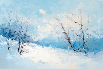 Abstract Blue Winter Landscape Painting, with brushstrokes on a light blue background Generative AI