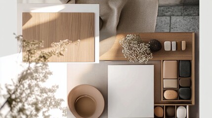 Wall Mural - Inspirational flat lay moodboard showcasing a contemporary interior concept for a cozy modern living room design