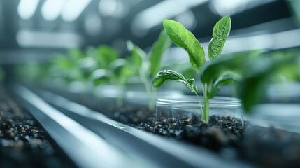 The image shows green seedlings growing in a controlled modern greenhouse environment, focusing on sustainable agriculture and advanced farming techniques.