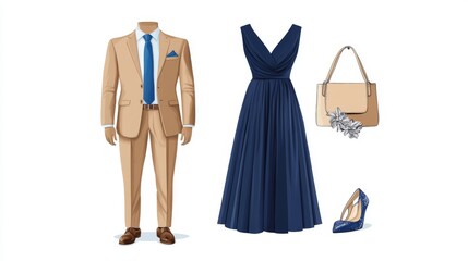 tan suit with a blue tie and navy blue gown mockup, the manâ€™s tan suit is paired with a light blue tie and brown dress shoes, while the womanâ€™s sleek navy evening gown is paired with accessories