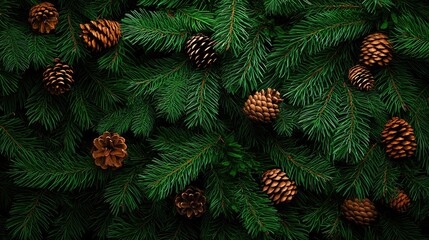 Christmas Background, Green pine branches with pine cones against a dark background.