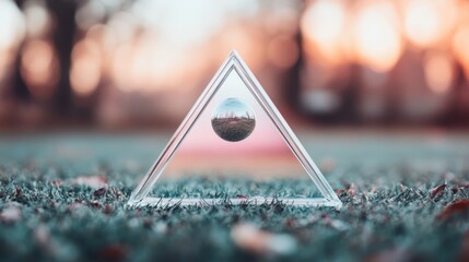 An abstract triangle with a floating orb centered, sits on a grassy landscape at sunset, capturing a unique interplay of geometric art and natural illumination.