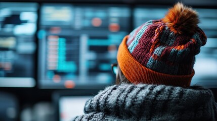 A person, seen from behind, wearing a knit hat, observes computer data on large screens. The image conveys focus, analytical skills, and the digital age.